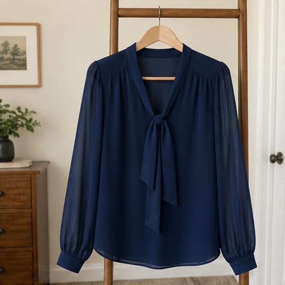 Navy Tie Neck Blouse